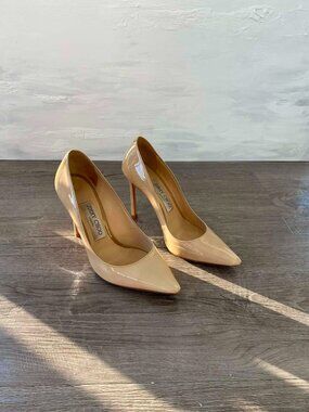 Jimmy Choo Romy Pumps Pointy Toe Beige Nude Patent Leather Heels